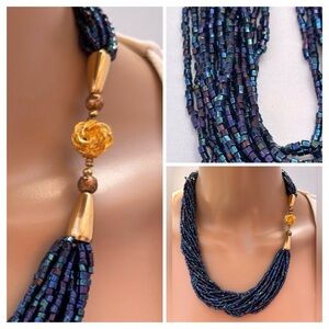 Vintage Iridescent Peacock Seed Bead Multi-Strand Necklace Statement Piece